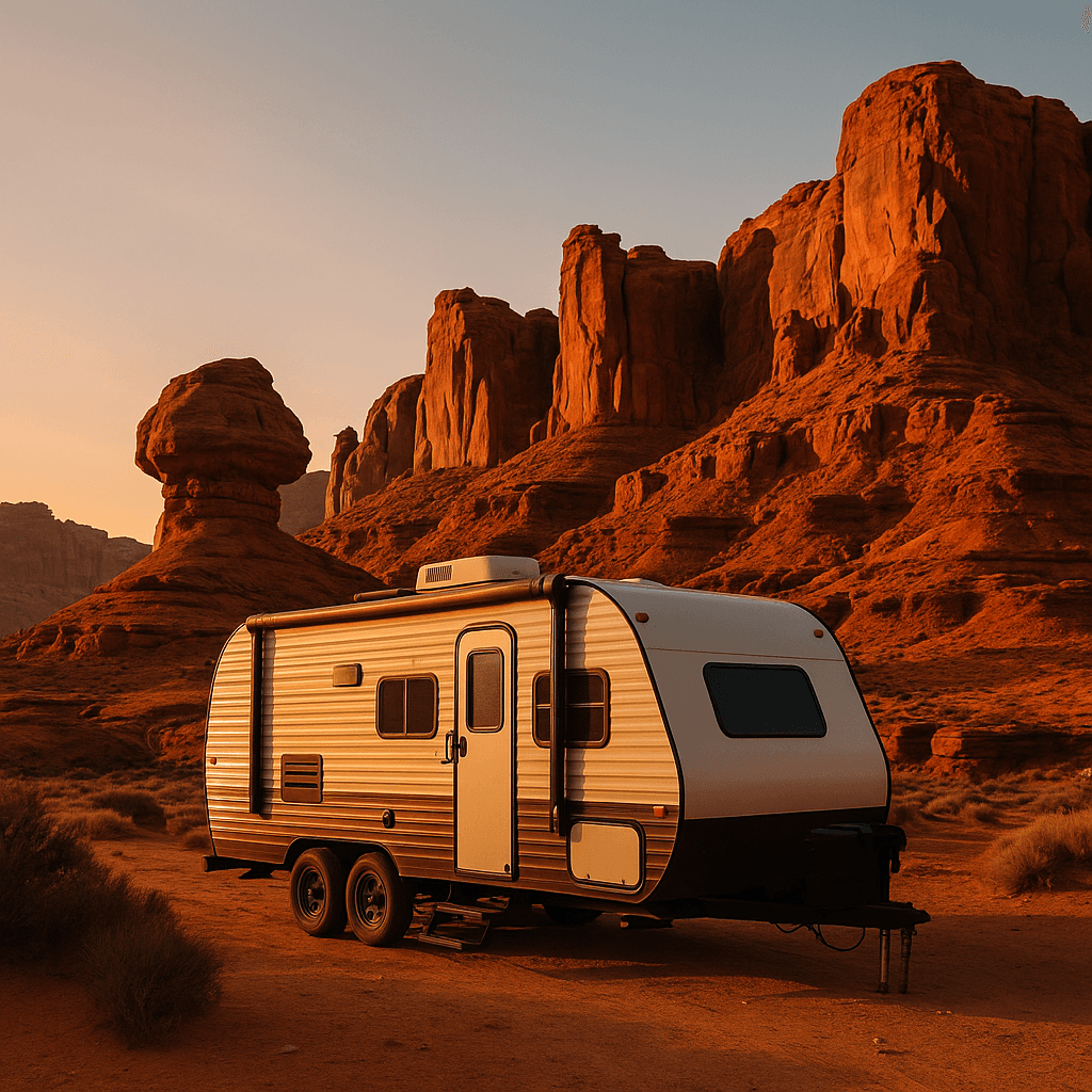 A fifth-wheel trailer boondocking amid red rock formations showcases the allure of off-grid camping.